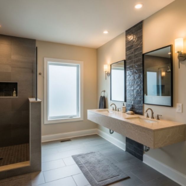 Balanced Beige and Grey Bathroom with Rich Tile Contrast