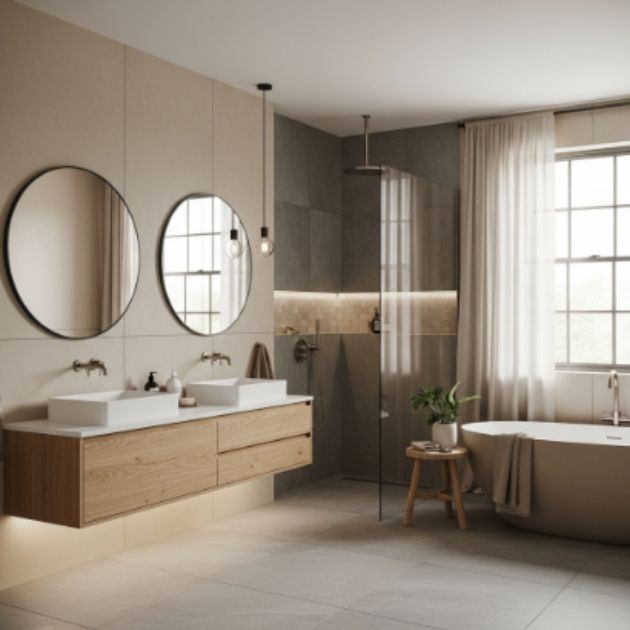 Beige and Grey Bathroom with Modern Natural Style