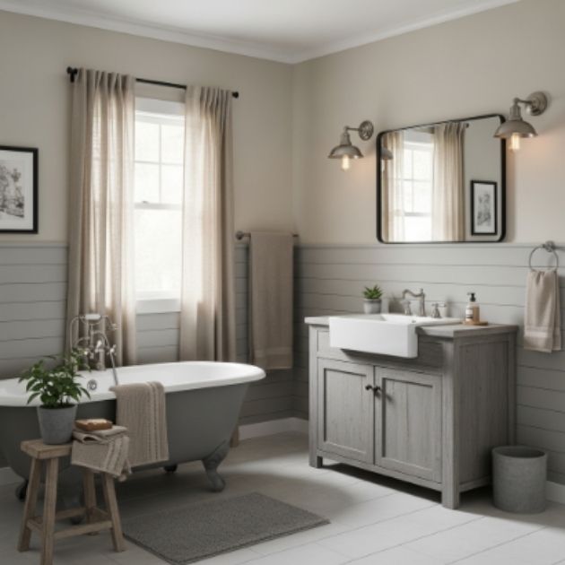 Beige and Grey Farmhouse Bathroom with Soft Contrast