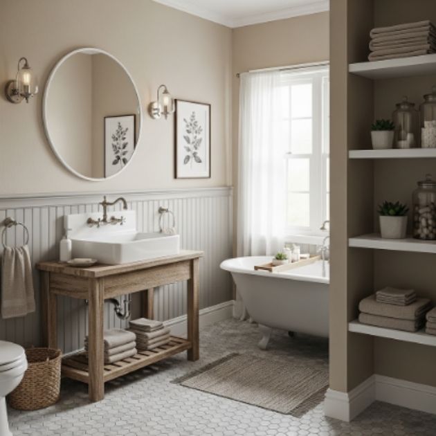 Beige and Grey Farmhouse Bathroom with Timeless Charm