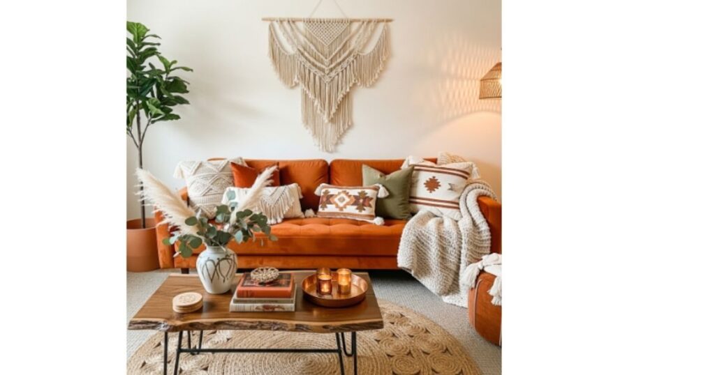 Boho Burnt Orange Living Room With Natural Textures