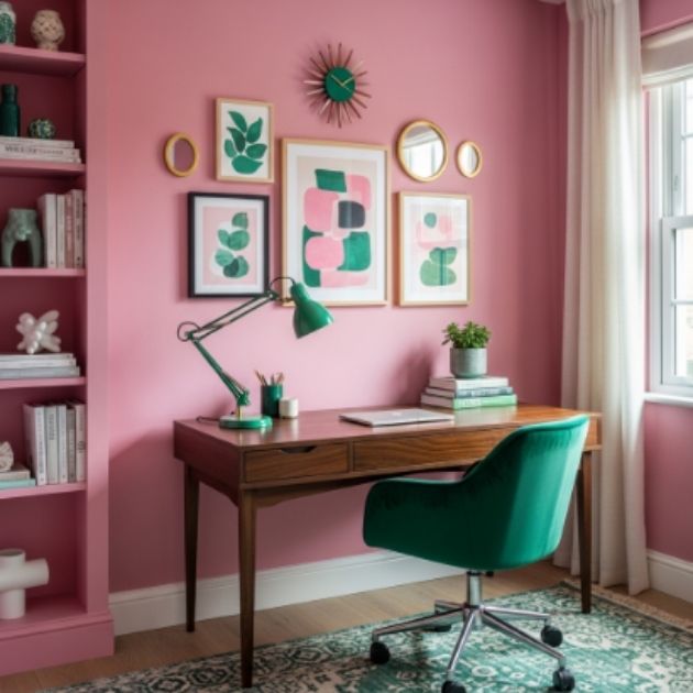 Bold Pink Home Office With Emerald Green Accents