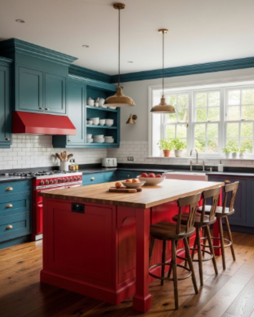 Bold Teal Kitchen with Red Island and Classic Details