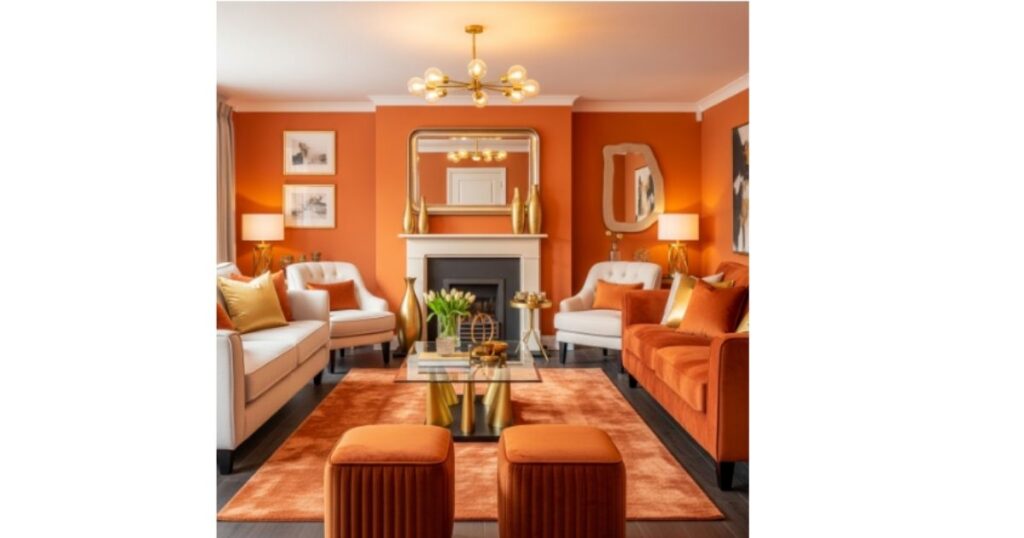 Bright Burnt Orange Living Room With Gold Accents