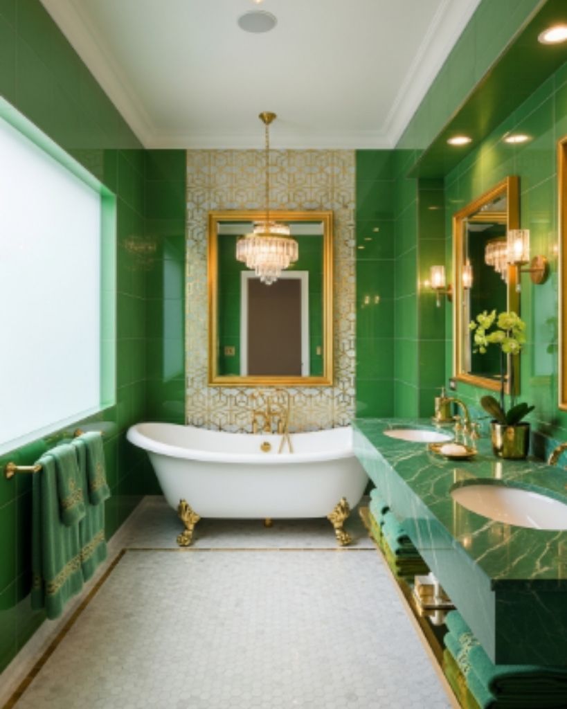  Bright Green and Gold Bathroom with Contemporary Glamour