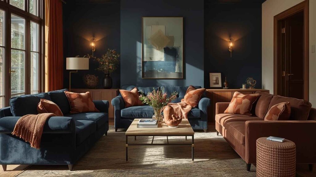 Bright and Cozy Navy Blue and Burnt Orange Living Room