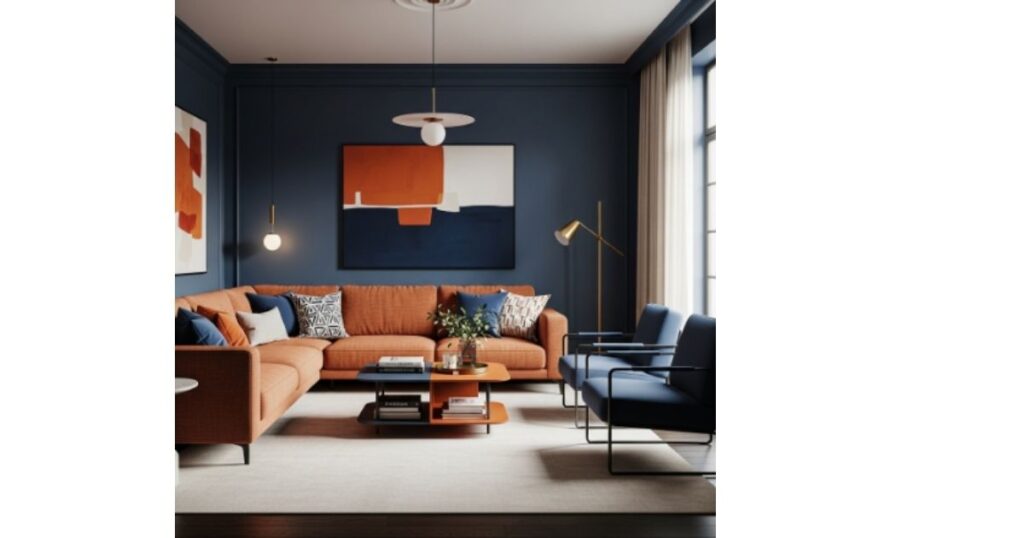 Burnt Orange and Navy Living Room With Modern Elegance