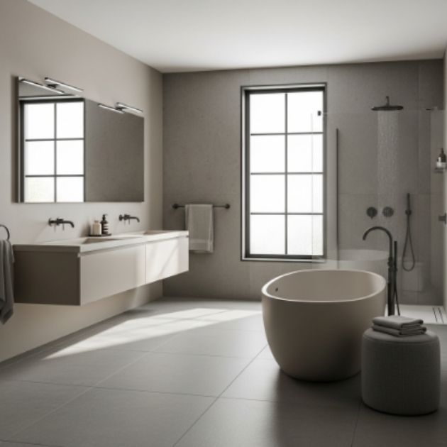 Calm Beige and Grey Bathroom with Modern Simplicity