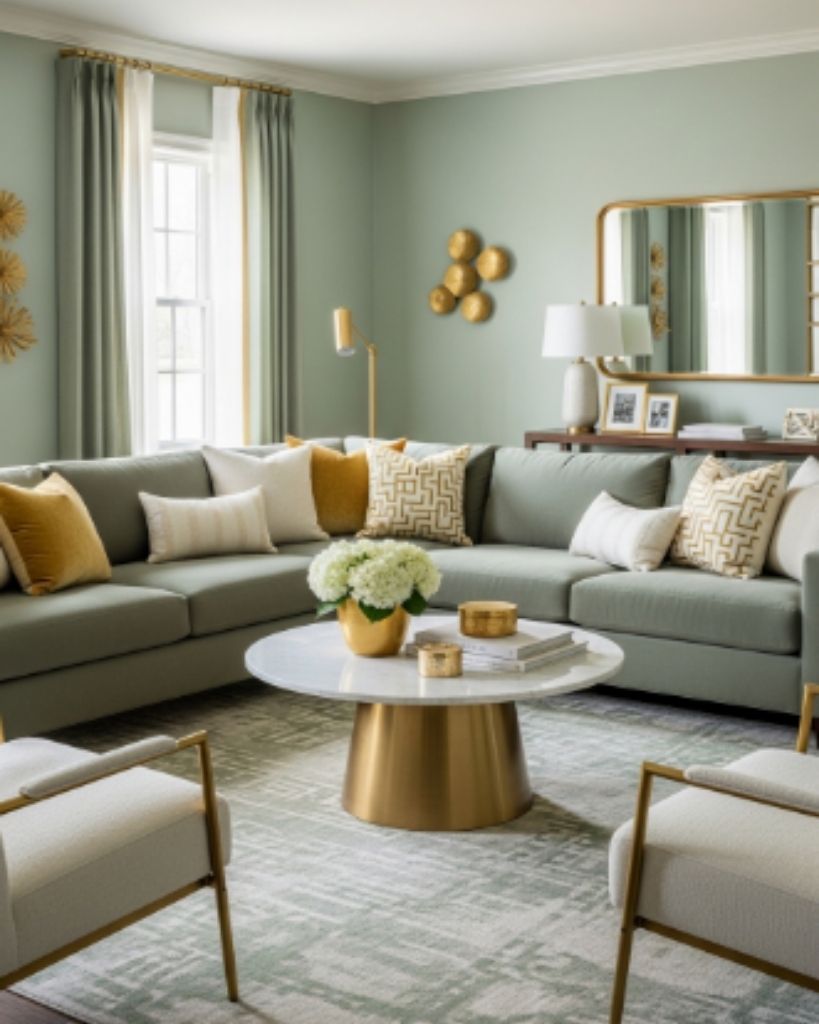 Calm Sage Green and Gold Living Room Design