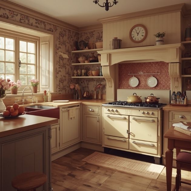 Charming Beige and Burgundy Kitchen with a Vintage Cottage Feel