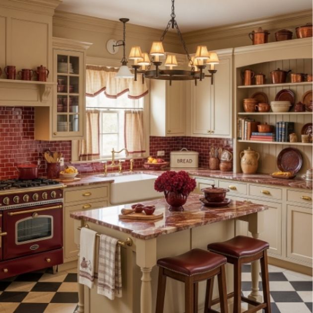 Charming Beige and Burgundy Kitchen with a Vintage Touch