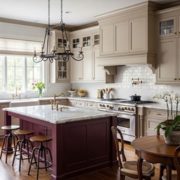 Chic Beige and Burgundy Kitchen with a Classic Twist