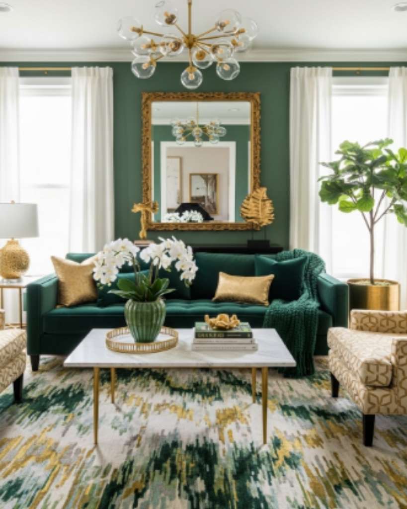 Chic Green and Gold Living Room Style