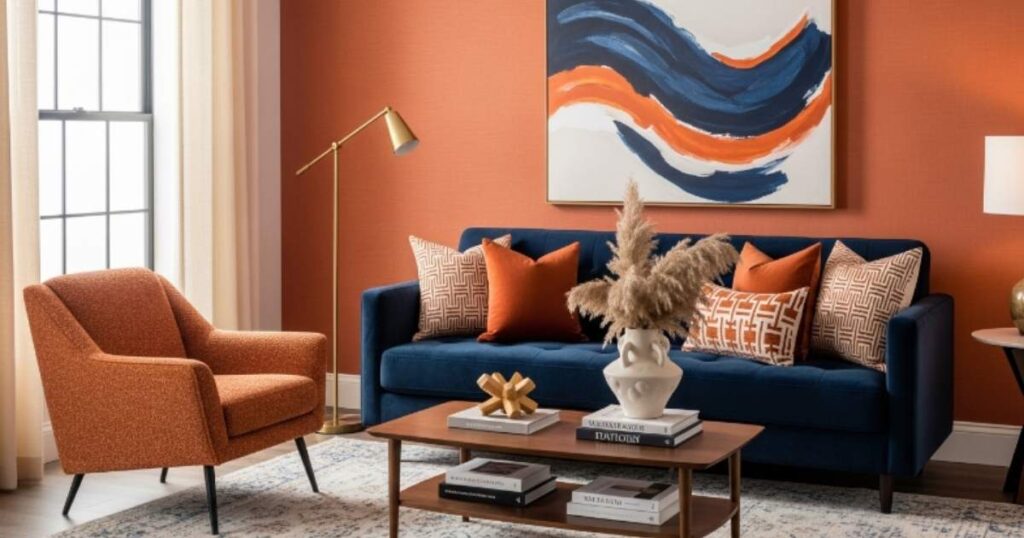 Chic Navy Blue and Burnt Orange Living Room with Modern Warmth