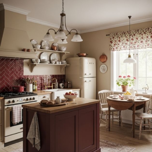Classic Beige and Burgundy Kitchen with a Touch of Vintage Charm