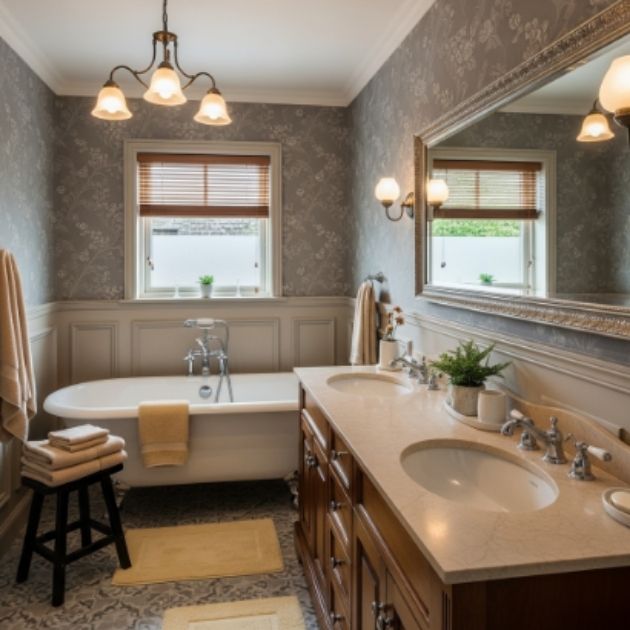 Classic Beige and Grey Bathroom with Warm Accents