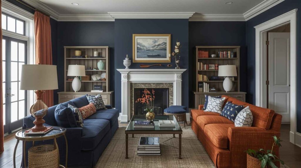 Classic Navy Blue and Burnt Orange Living Room with Coastal Charm