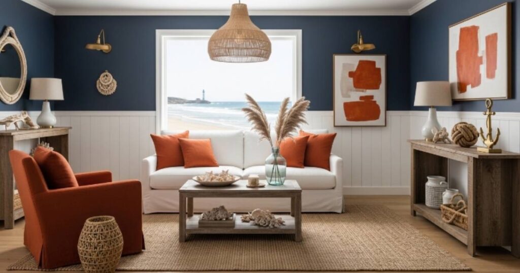 Contemporary Navy Blue and Burnt Orange Living Room with Bold Geometry