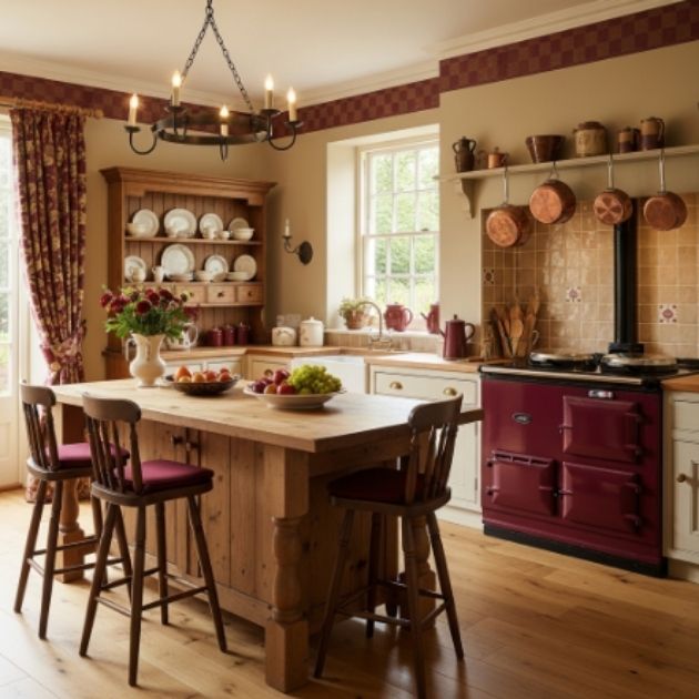 Cozy Beige and Burgundy Kitchen with Classic Country Style