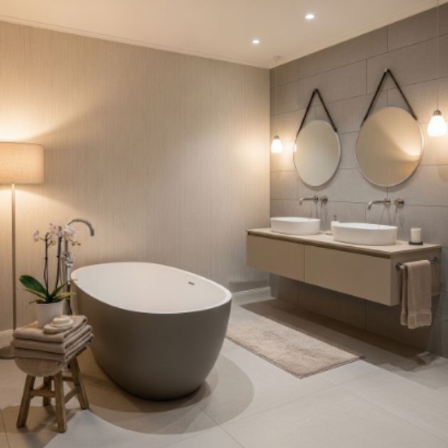 Cozy Beige and Grey Bathroom with Relaxed Elegance