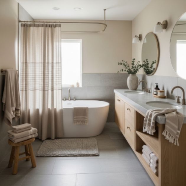 Cozy Beige and Grey Bathroom with Soft Layered Neutrals