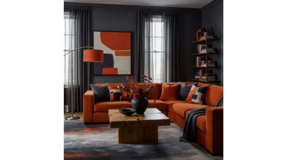 Dramatic Burnt Orange and Charcoal Living Room Design