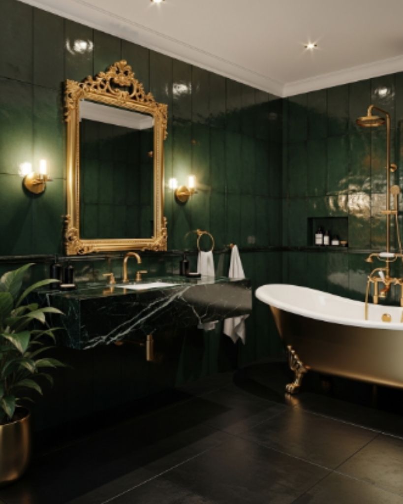 Dramatic Green and Gold Bathroom with Luxe Contrast
