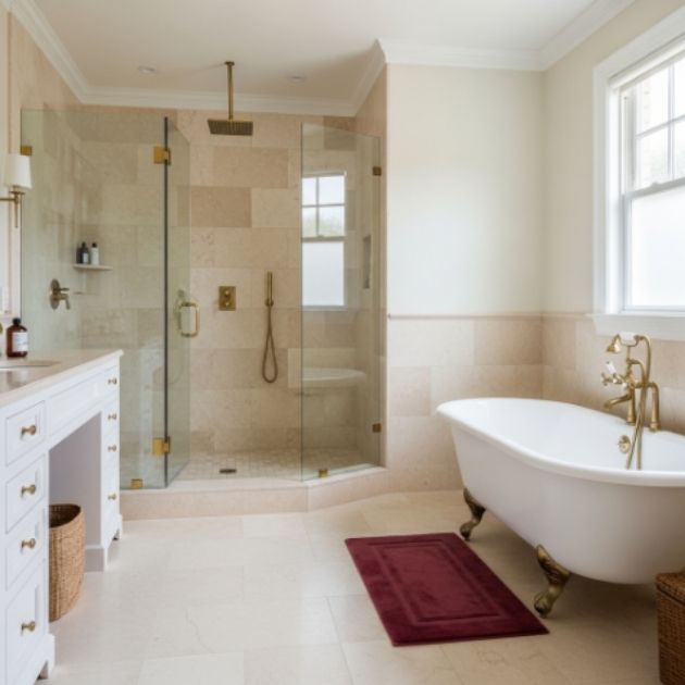 Elegant Beige and Burgundy Bathroom Design