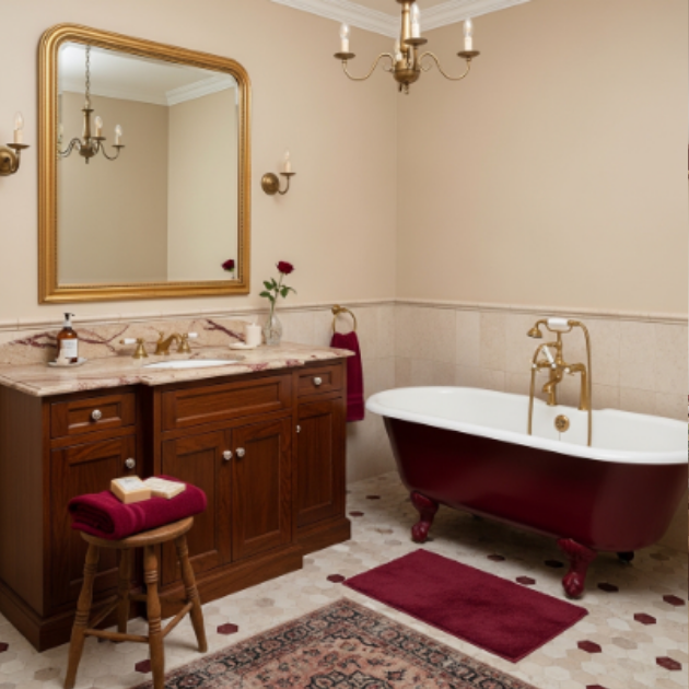 Elegant Beige and Burgundy Bathroom with Vintage Touches