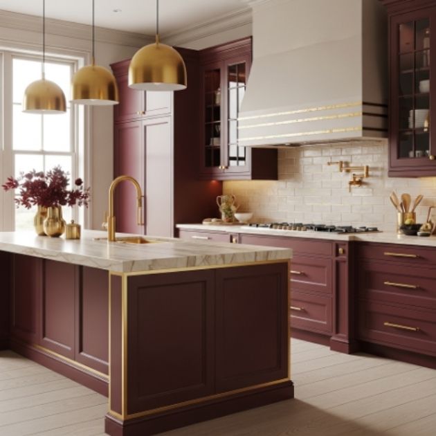 Elegant Beige and Burgundy Kitchen with Gold Accents