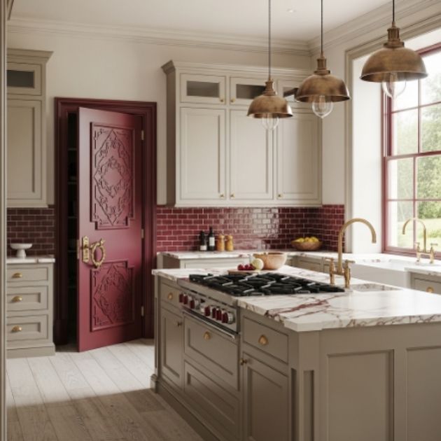 Elegant Beige and Burgundy Kitchen with a Bold Accent Door