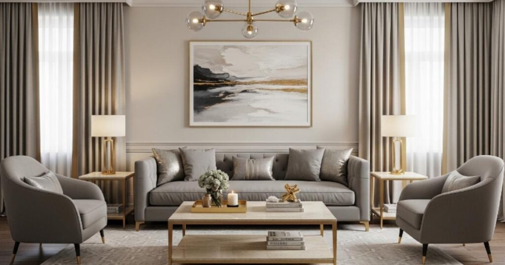 Elegant Beige and Grey Living Room With Gold Accents
