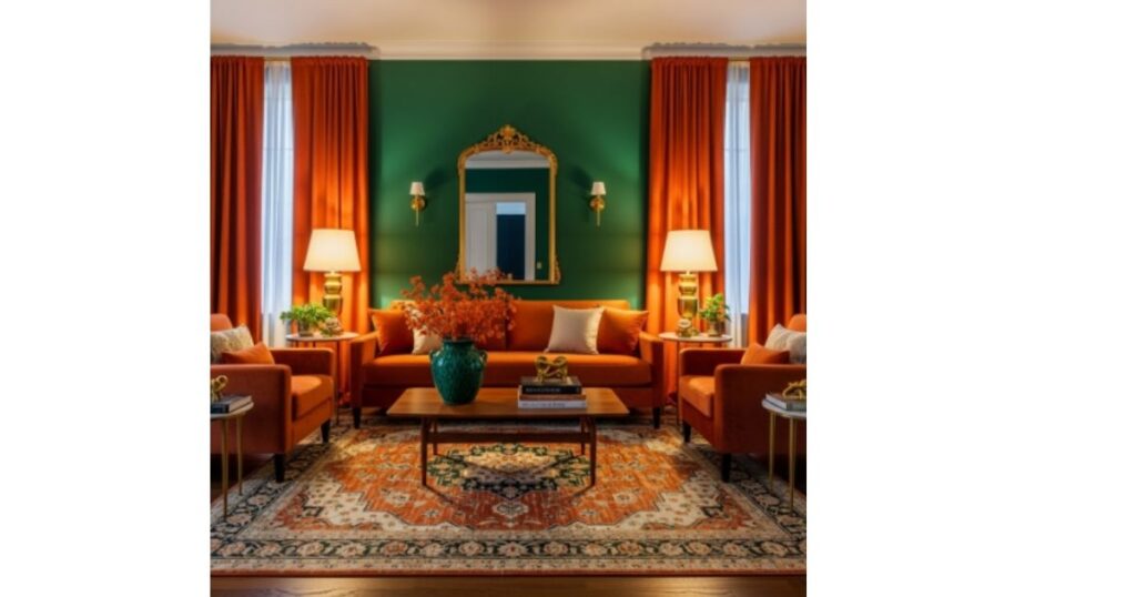 Elegant Burnt Orange and Emerald Green Living Room