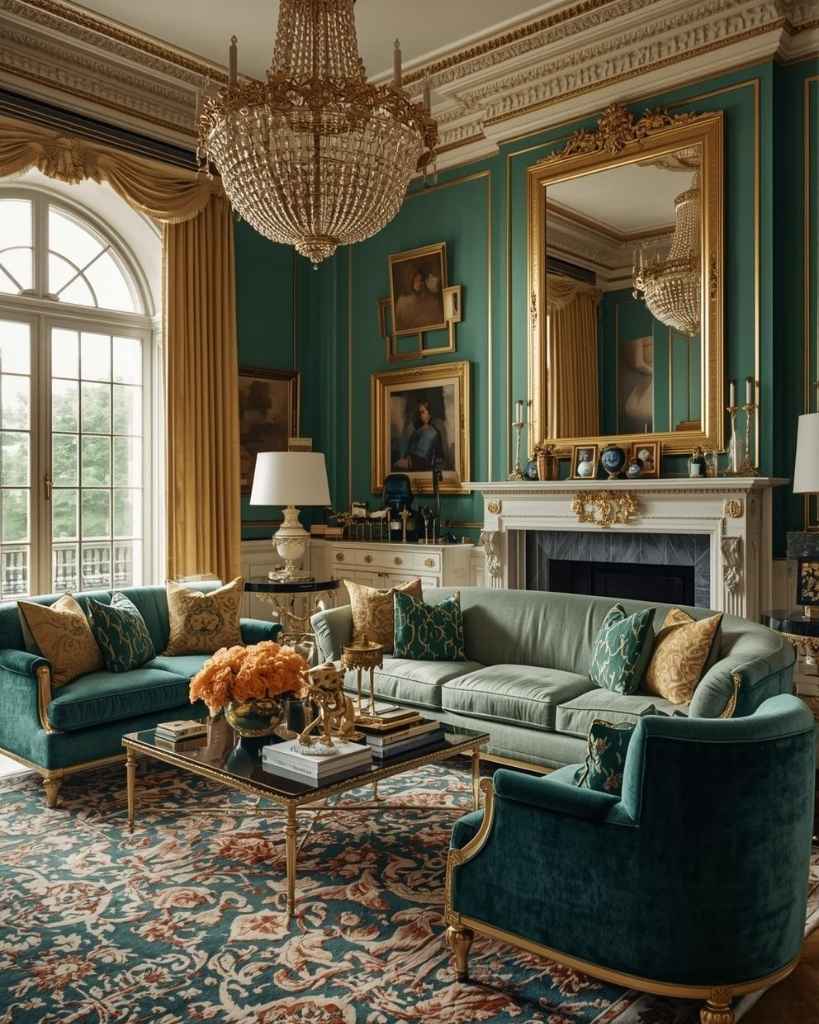 Elegant Emerald and Gold Living Room