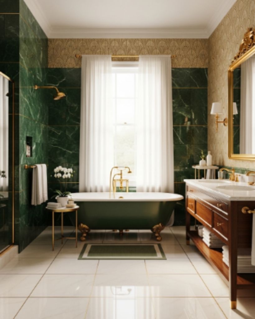 Elegant Green and Gold Bathroom with Natural Warmth