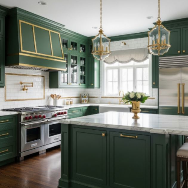 Elegant Green and Gold Kitchen with Classic Charm