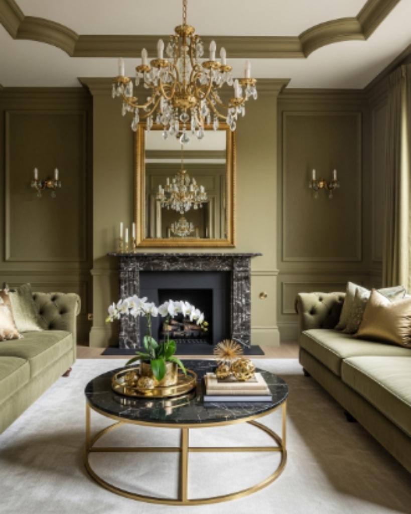 Elegant Olive Green and Gold Living Room