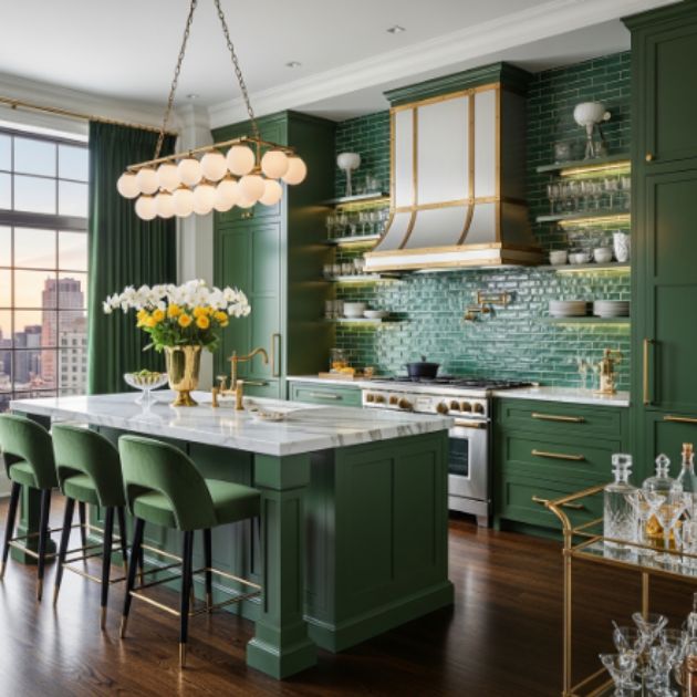 Glamorous Emerald Green and Gold Kitchen