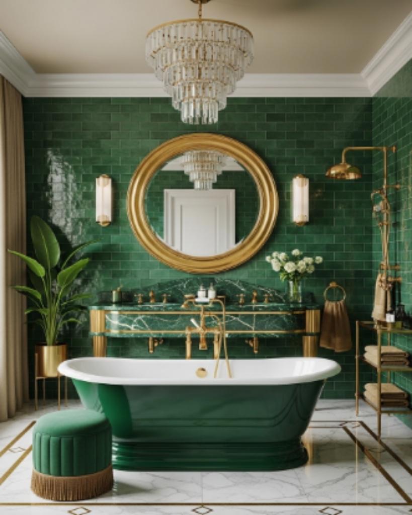 Glamorous Green and Gold Bathroom with Art Deco Flair