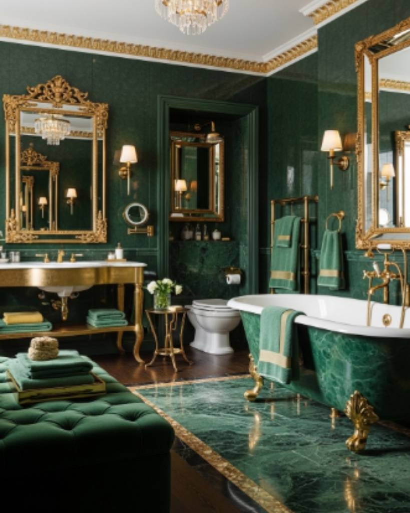 Glamorous Green and Gold Bathroom with Rich Texture