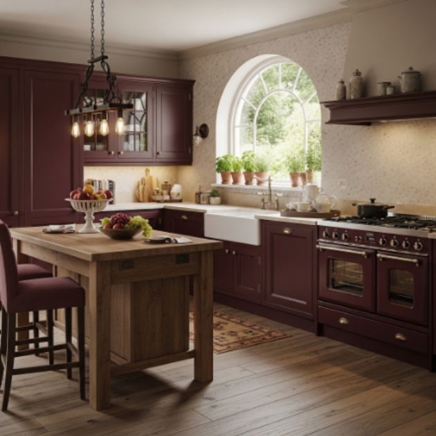 Inviting Beige and Burgundy Kitchen with Classic Warmth