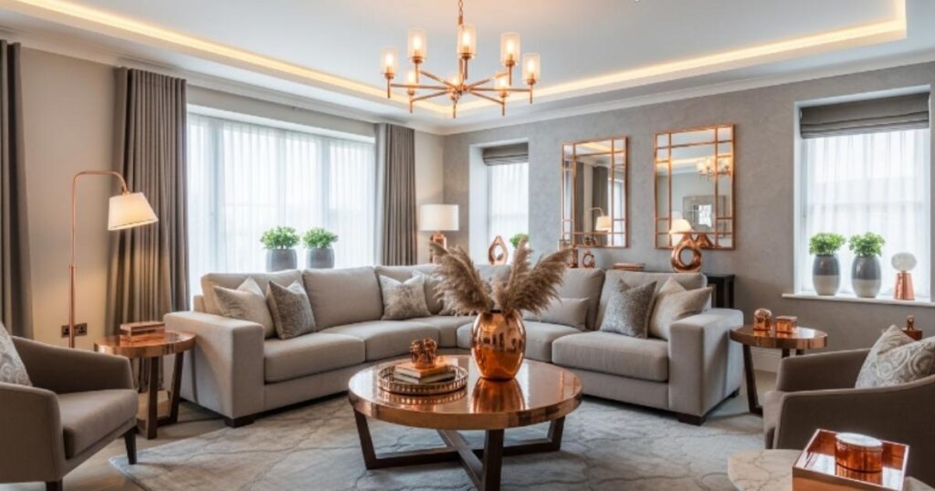 Luxe Beige and Grey Living Room With Warm Copper Accents