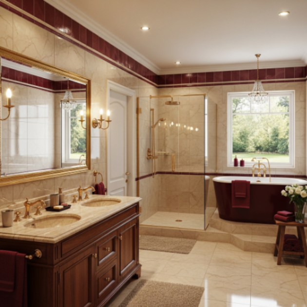 Luxurious Beige and Burgundy Bathroom Design