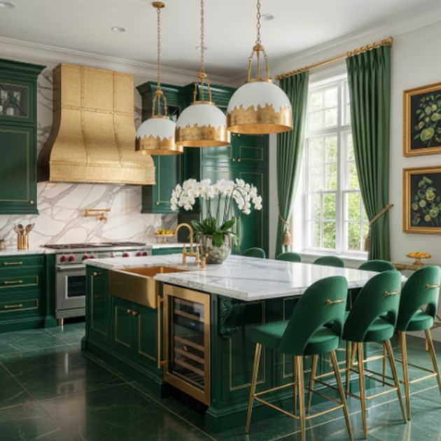 Luxurious Emerald Green and Gold Kitchen Design