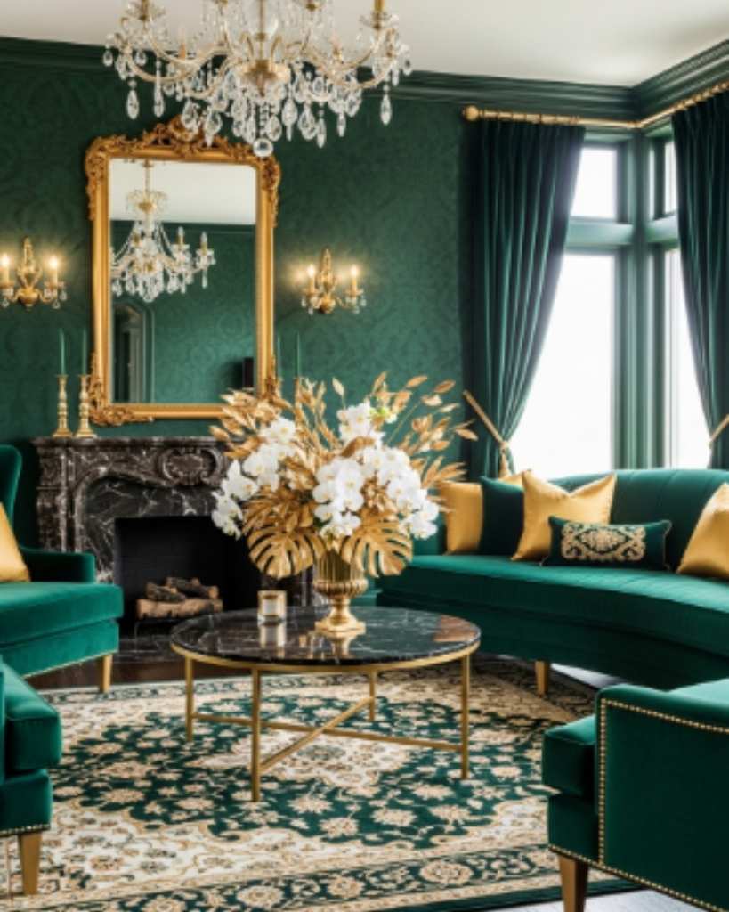 Luxurious Emerald Green and Gold Living Room