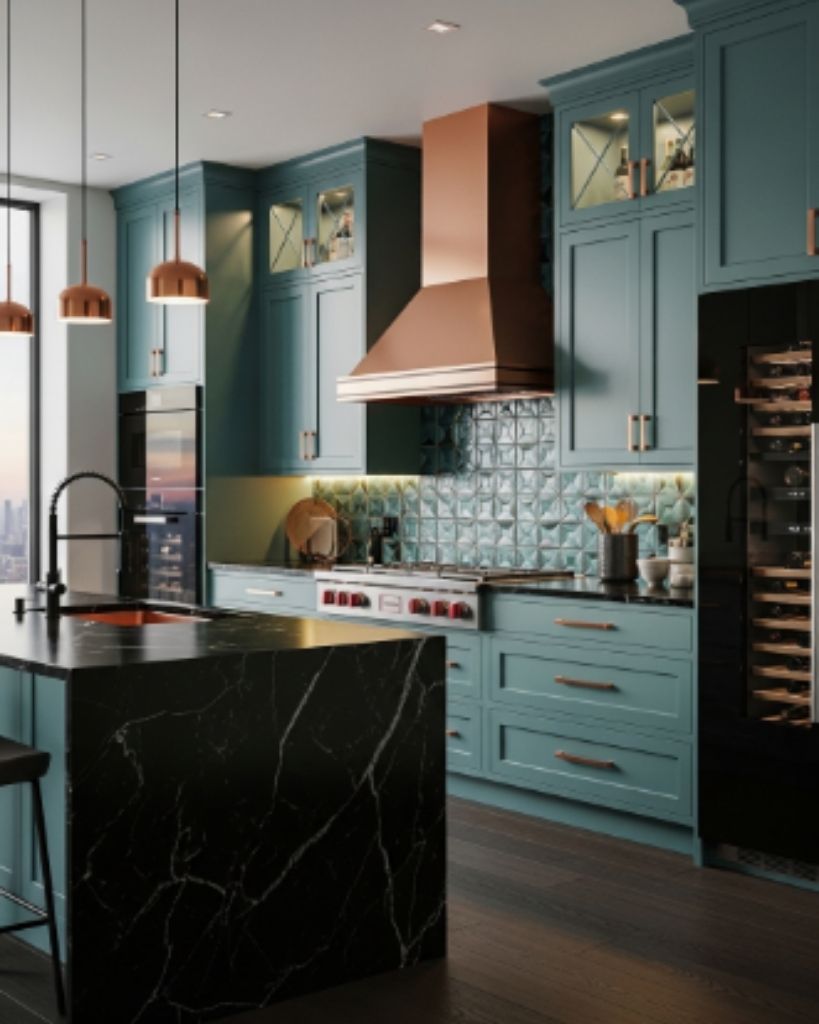 Luxury Teal Kitchen with Copper and Black Finishes