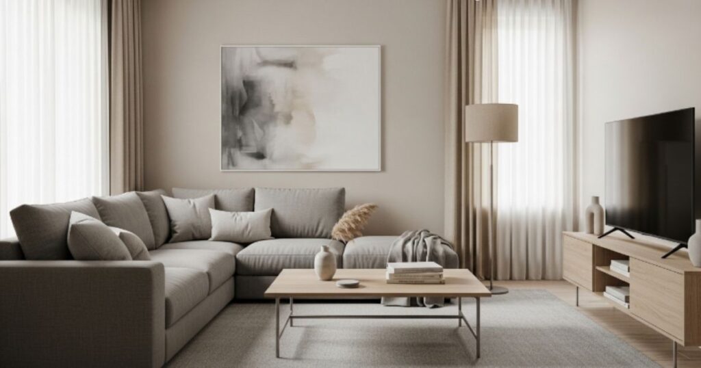 Minimalist Beige and Grey Living Room With a Calm, Balanced Look