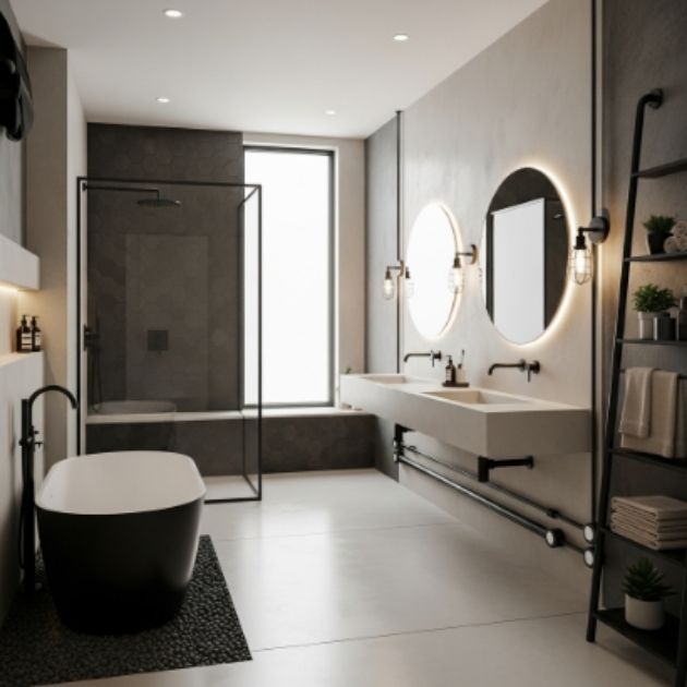 Modern Beige and Grey Bathroom with Industrial Edge