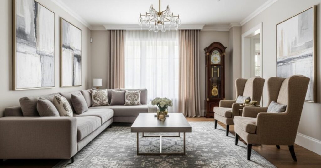 Modern Beige and Grey Living Room With a Classic Touch