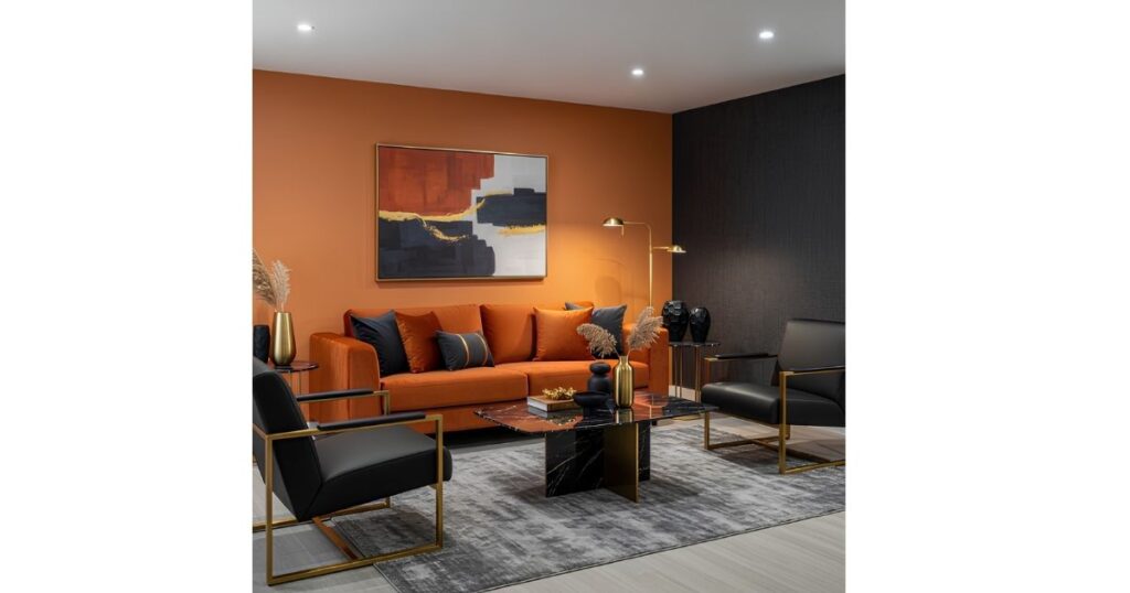 Modern Burnt Orange Living Room With Luxe Contrast